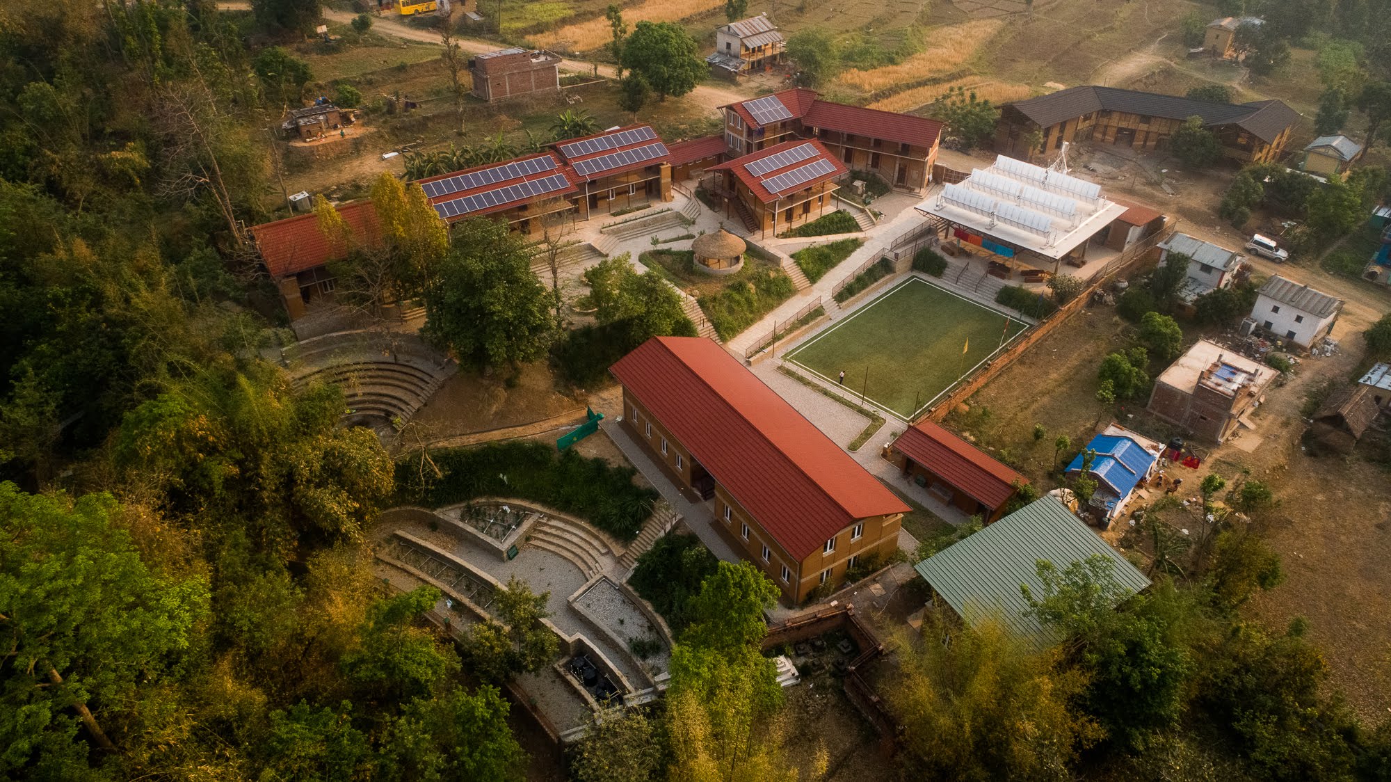 Aerial view of the eco-friendly campus of Kopila Valley School in Surkhet, Nepal.